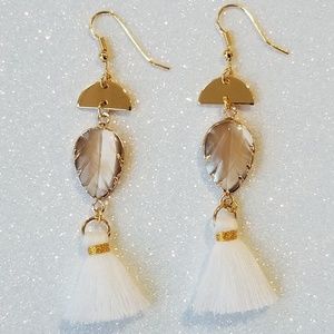 Long white tassel shell carved leaf earrings